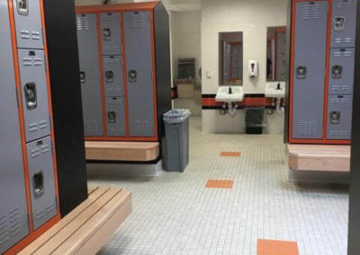 Lockers, sinks and benches inside school locker room